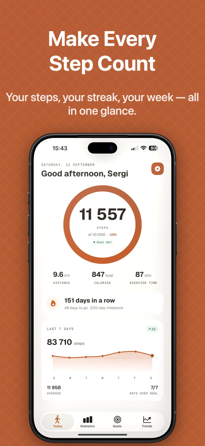 Stepyfocus daily steps, weekly progress and streak